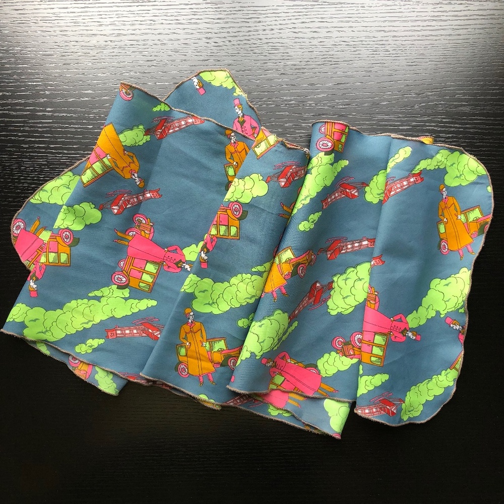 Vintage Scarf 1970's Groovy Auto Plane Gentleman Print